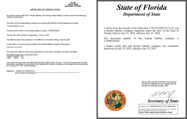 articles of dissolution certificate of dissolution florida
