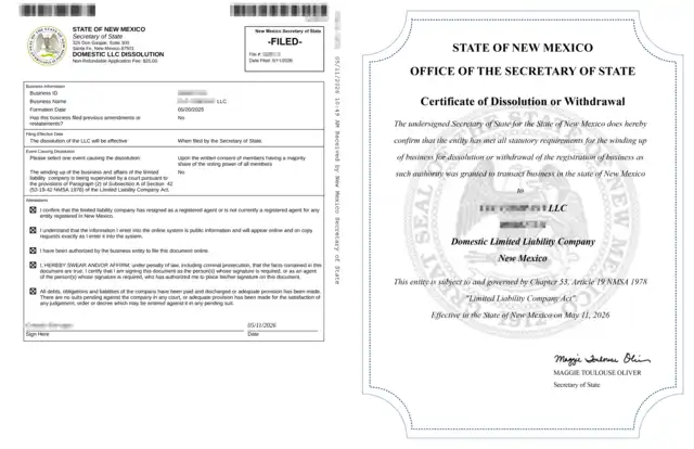articles of dissolution certificate of dissolution new mexico