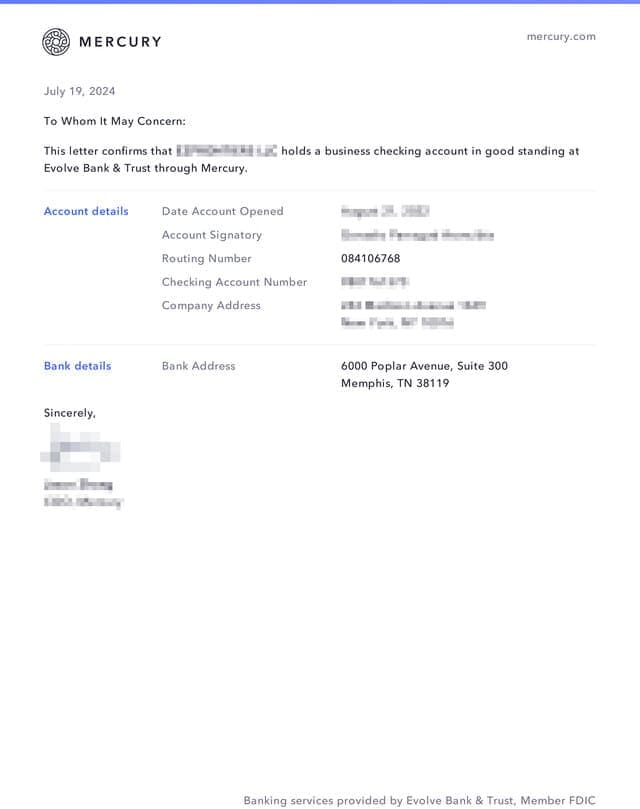 bank letter llc mercury