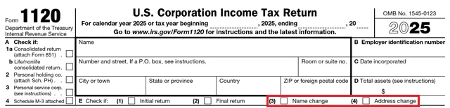 cambio nombre direccion form 1120 irs