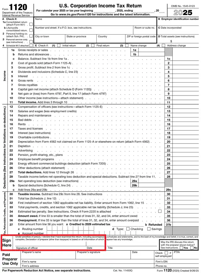 campo firma formulario 1120 pro forma llc