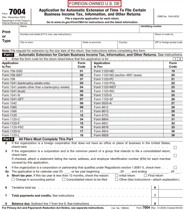 formulario 7004 foreign owned us de