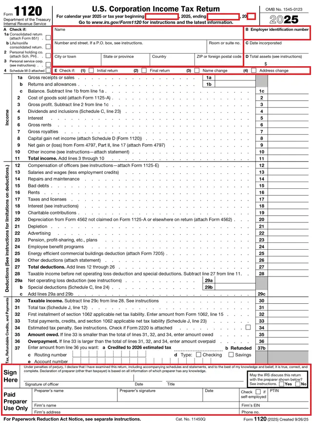 partes rellenables formulario 1120 pro forma llc