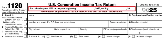 periodo fiscal form 1120 irs