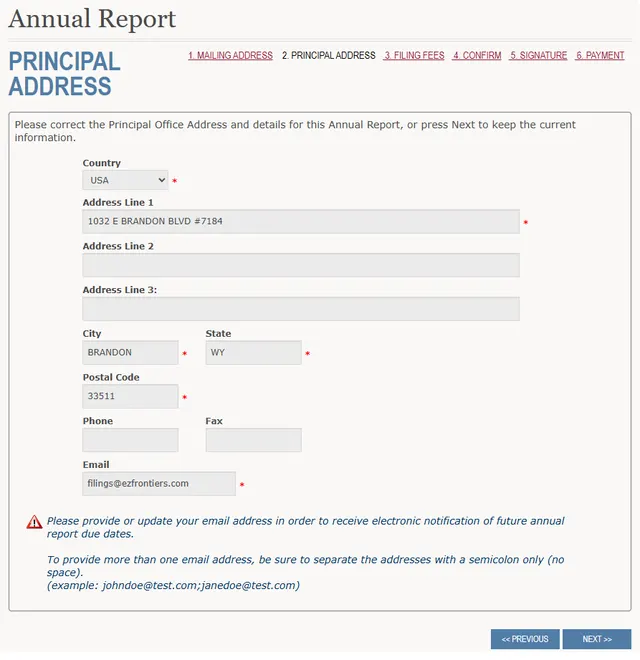 principal address reporte anual wyoming