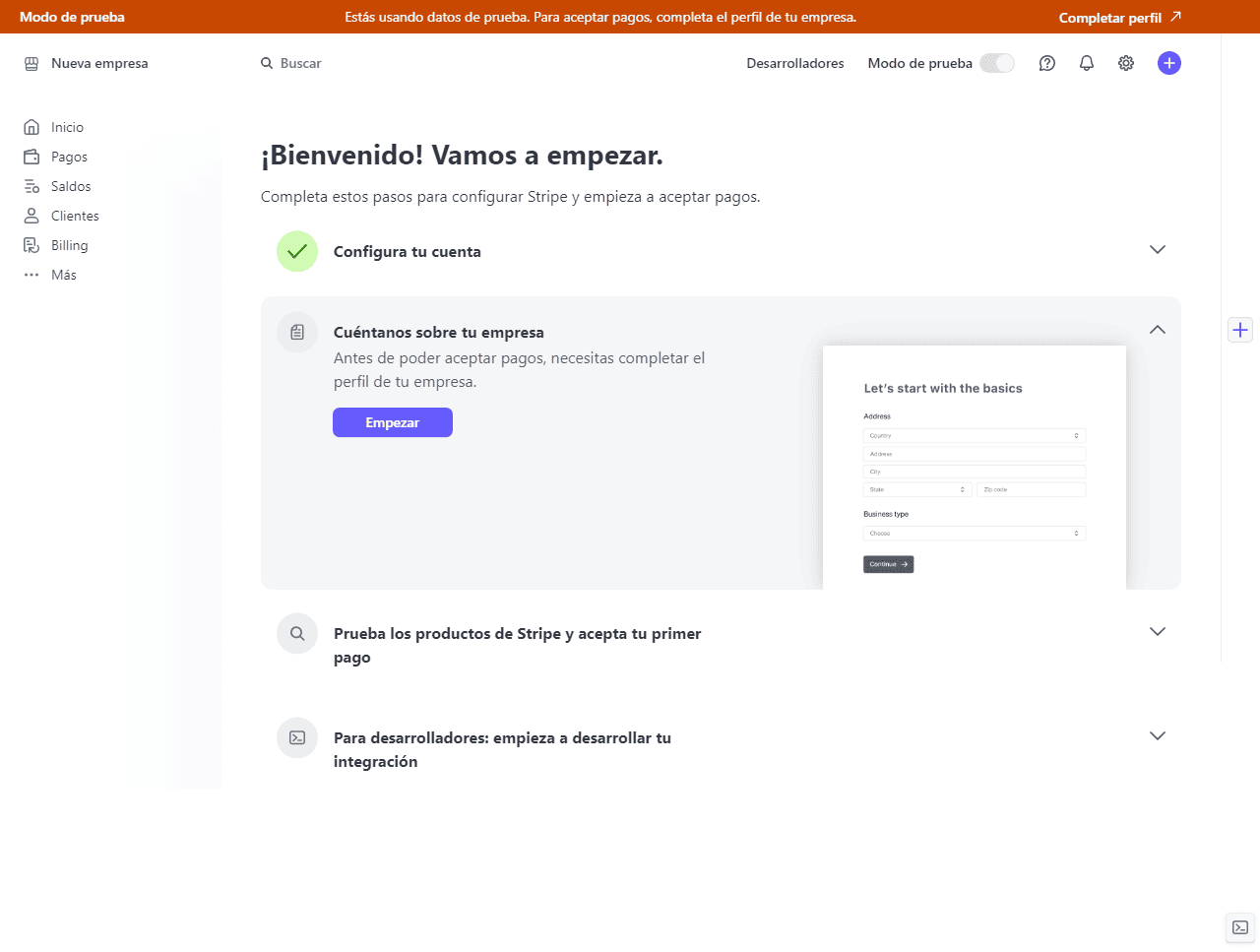 como abrir una cuenta en stripe completar perfil empresa