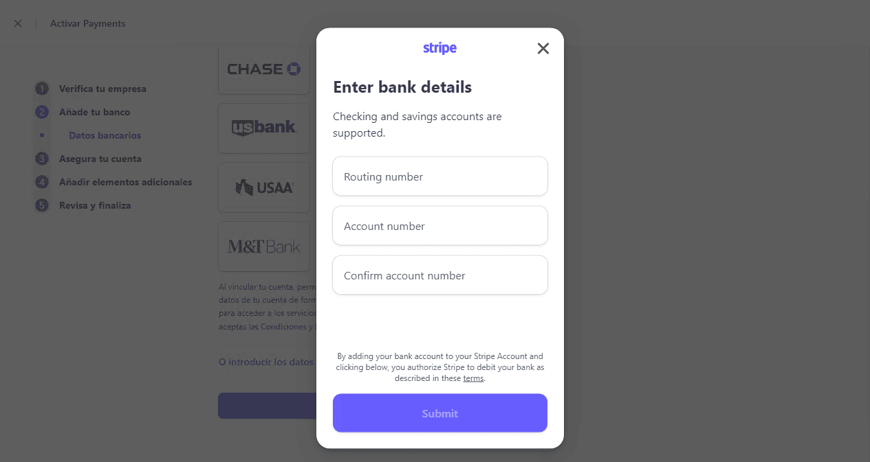 como abrir una cuenta en stripe datos banco